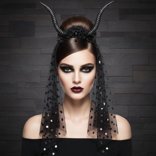 Deluxe Gothic Horns Veil Headband | NYC Costume Hat | Costume Headwear Shop