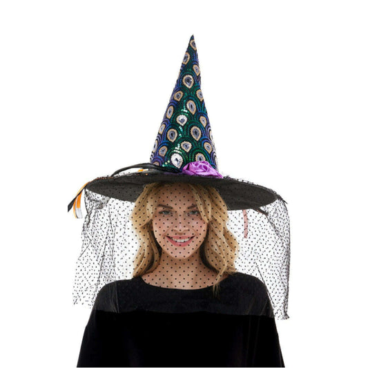 Veiled Sequin Witch Hat